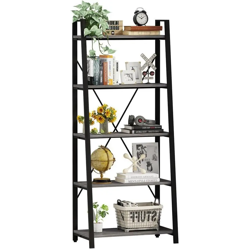 Bookshelf 5 Tier - 5-Tier Ladder Bookshelf, Industrial Style, Wood
