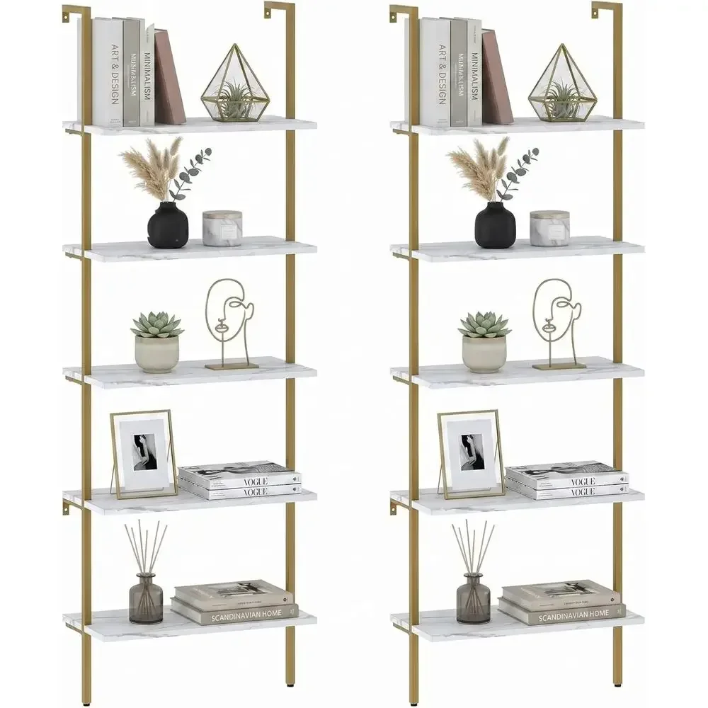 Bookshelf 5 Tier - 5-Tier White Marble Wall-Mounted Wood Rack
